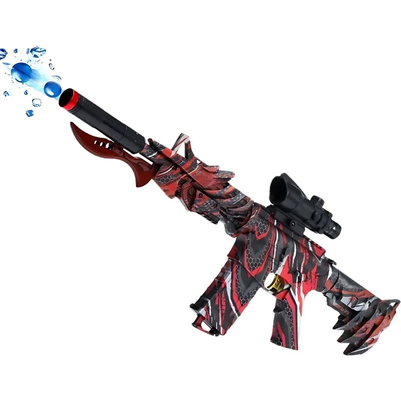 Realistic toy pistol with an aggressive red-black design and high-powered water gel shooter.