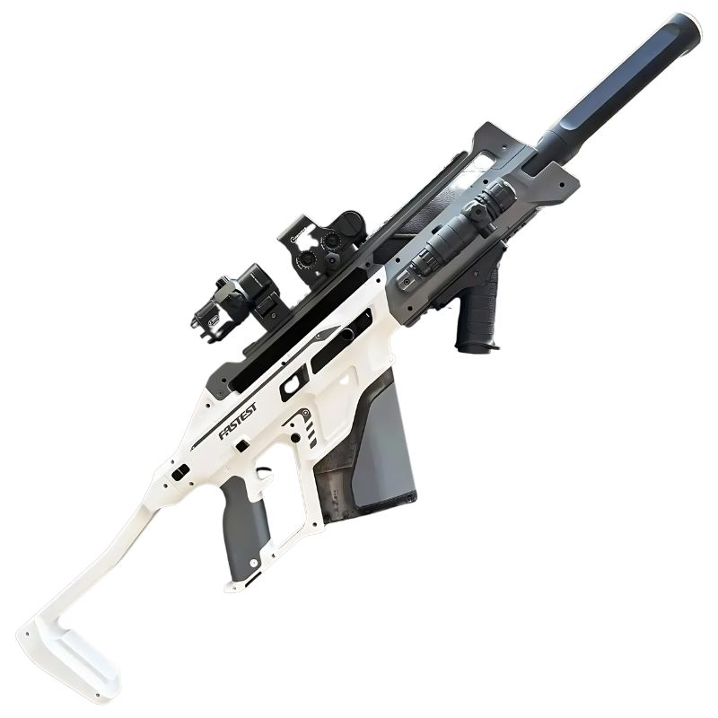 Realistic toy pistol in futuristic white-black design with enhanced scope and suppressor.