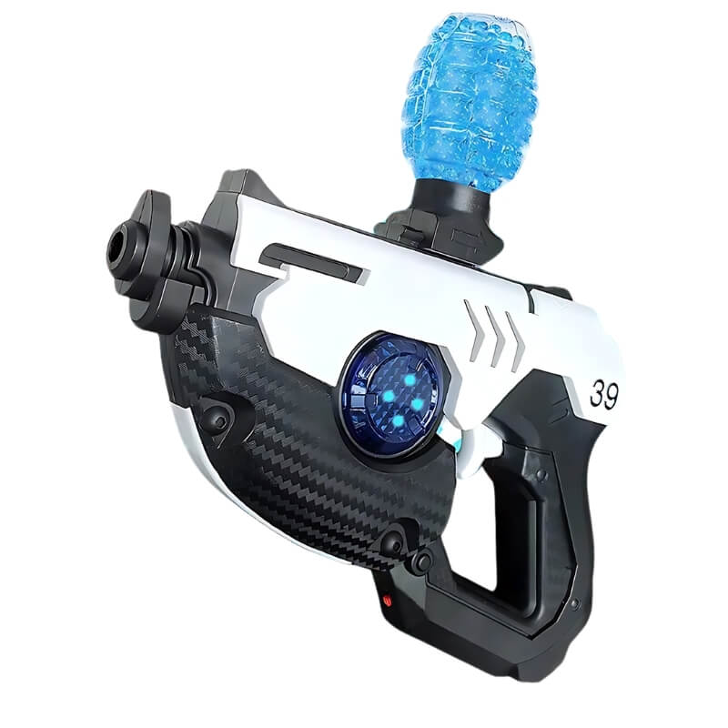 Sleek white and black gel blaster toy gun with a glowing blue water reservoir.