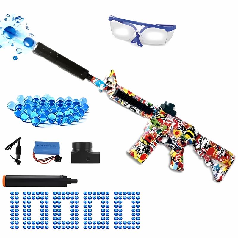 Colorful gel blaster toy gun set with accessories, including ammo and protective gear.