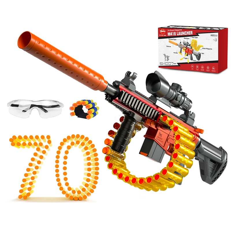 Black and orange toy gun with silencer and belt-fed foam darts for action-packed fun.