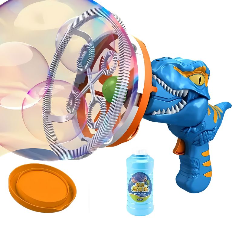 Blue dinosaur bubble toy gun with a fun design and bubble solution included.