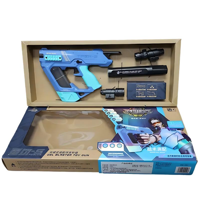 Sleek blue and black Lightsaber Lighter toy gun set with futuristic attachments.