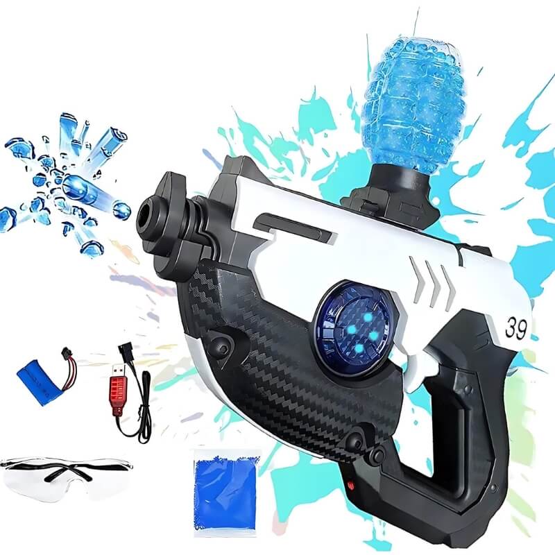 White and black Lightsaber Lighter blaster with LED effects and water gel ammo.