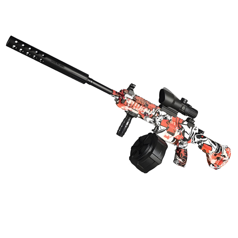 Red camo Lightsaber Lighter rifle with a silencer, scope, and drum-style magazine.