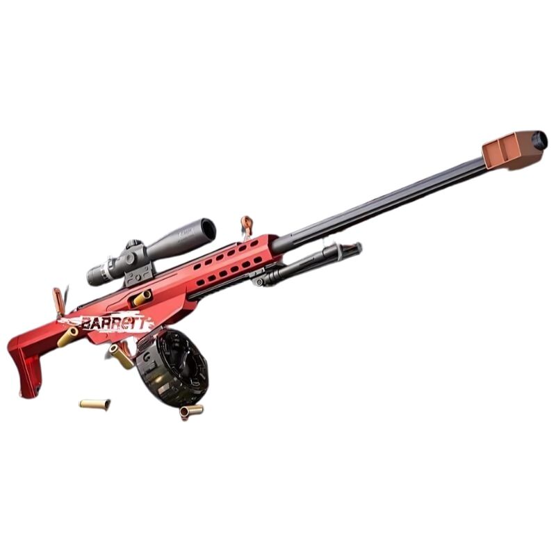 High-precision real gun toy sniper rifle in red with scope and shell ejection system.