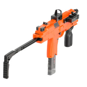 Compact real gun toy submachine gun with bright orange body and extendable stock.