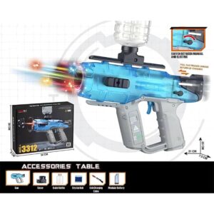 Transparent real gun toy gel blaster with futuristic blue design and rapid-fire mode.