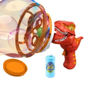 Dinosaur-themed real gun toy bubble gun with large bubble output and easy refill system.