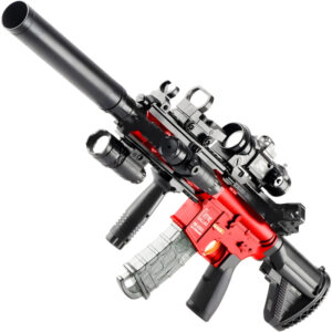 Tactical shell ejecting airsoft rifle with red and black design, optics, and suppressor.