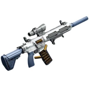 Sleek white and blue shell ejecting airsoft rifle with realistic recoil and shell ejection.