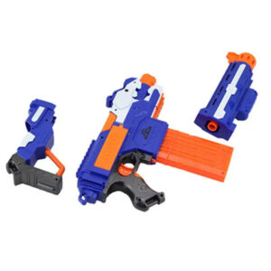 Modular shell ejecting dart blaster with detachable parts for customizable gameplay.