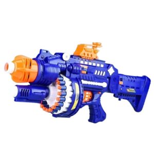 Fully automatic shell ejecting dart blaster with drum magazine for rapid-fire action.