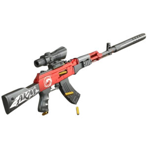 AKM-style shell ejecting airsoft rifle with a red receiver and long-range optic scope.