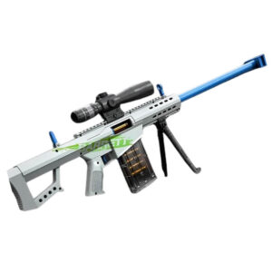 Sniper-style shell ejecting airsoft rifle with long barrel, bipod, and precision scope.