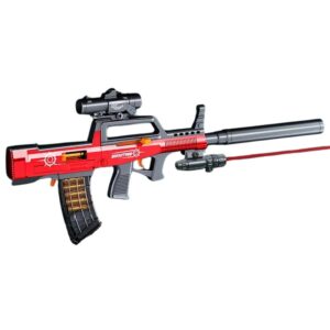 Red and black shell ejecting airsoft rifle with tactical silencer and mounted laser.