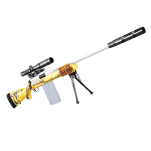 Yellow sniper-style shell ejecting airsoft rifle with suppressor and bipod for stability.