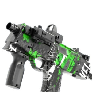 Green camo shell ejecting airsoft rifle with a futuristic design for combat scenarios.