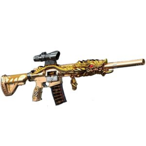 Gold dragon-themed shell ejecting airsoft rifle with intricate detailing and a scope.