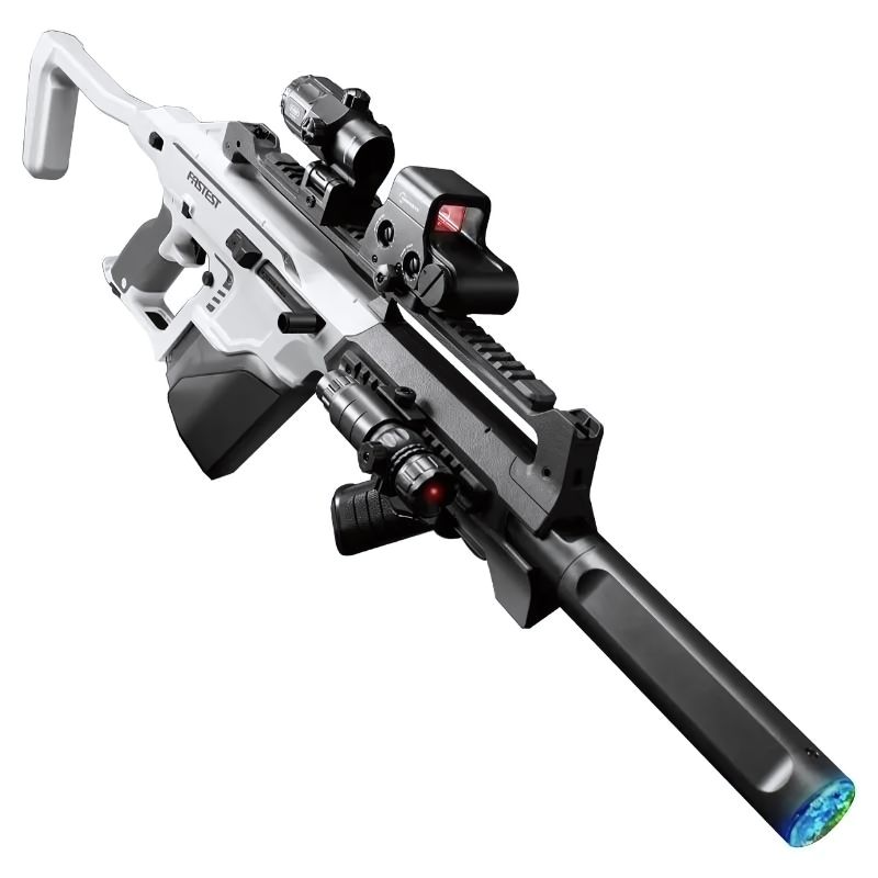 A futuristic white and black gel blaster with a scope, built for toy guns for adults.