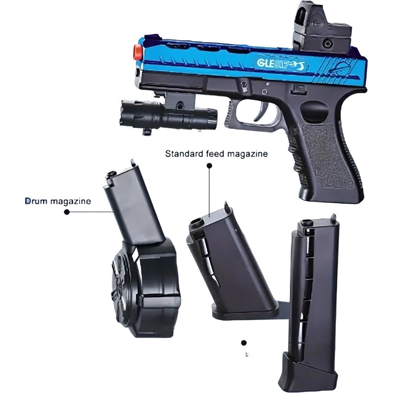 A blue and black gel blaster pistol with standard and drum magazines for toy guns for adults.