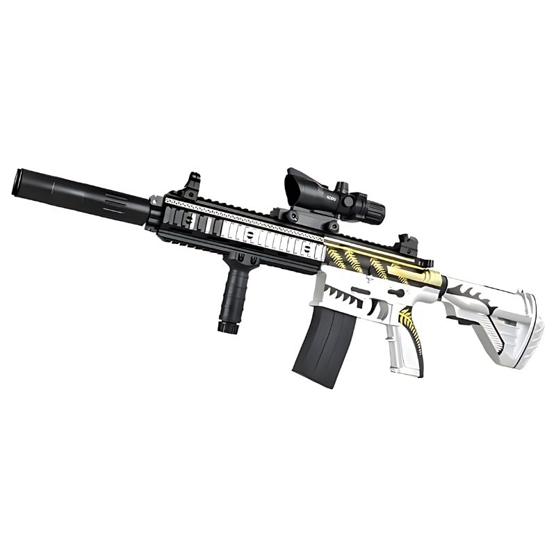 A white and black assault-style gel blaster with a scope, ideal for toy guns for adults.