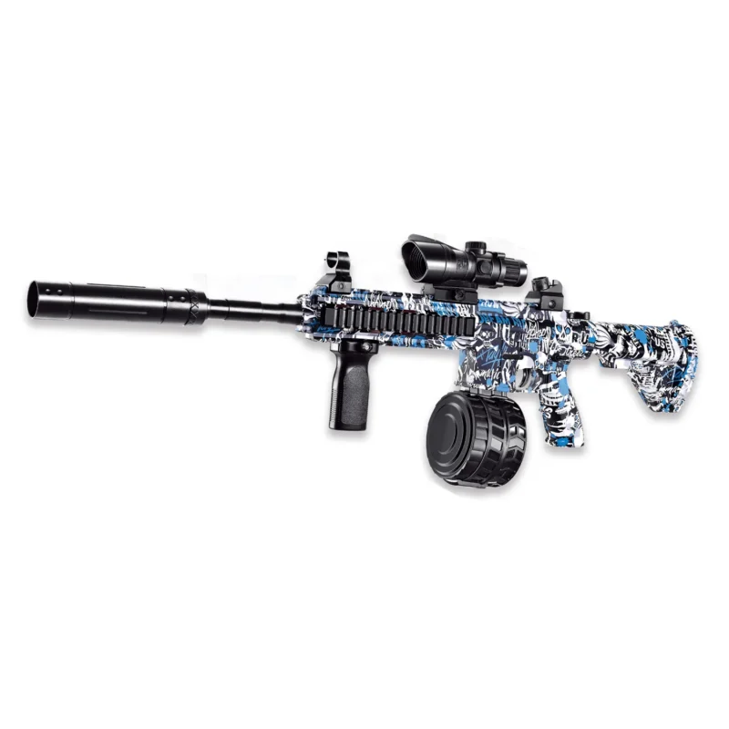 A black and blue camo gel blaster rifle with a drum magazine, great for toy guns for adults.