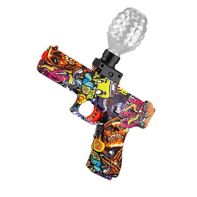 Colorful graffiti-themed Gel Blaster pistol with transparent hopper for gel ammo.