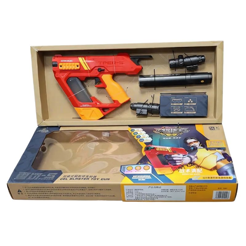 Red and orange Gel Blaster pistol kit with multiple attachments in original packaging.