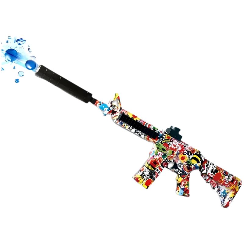 Bright graffiti-style Gel Blaster rifle with a long barrel and silencer attachment.