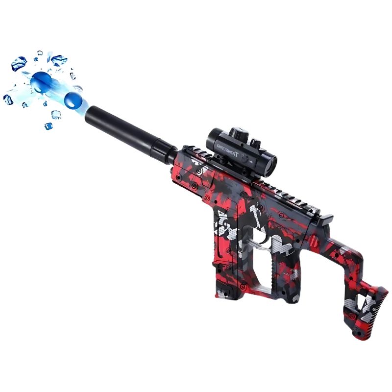 Red and black Gel Blaster with silencer and scope, designed for high-precision shots.