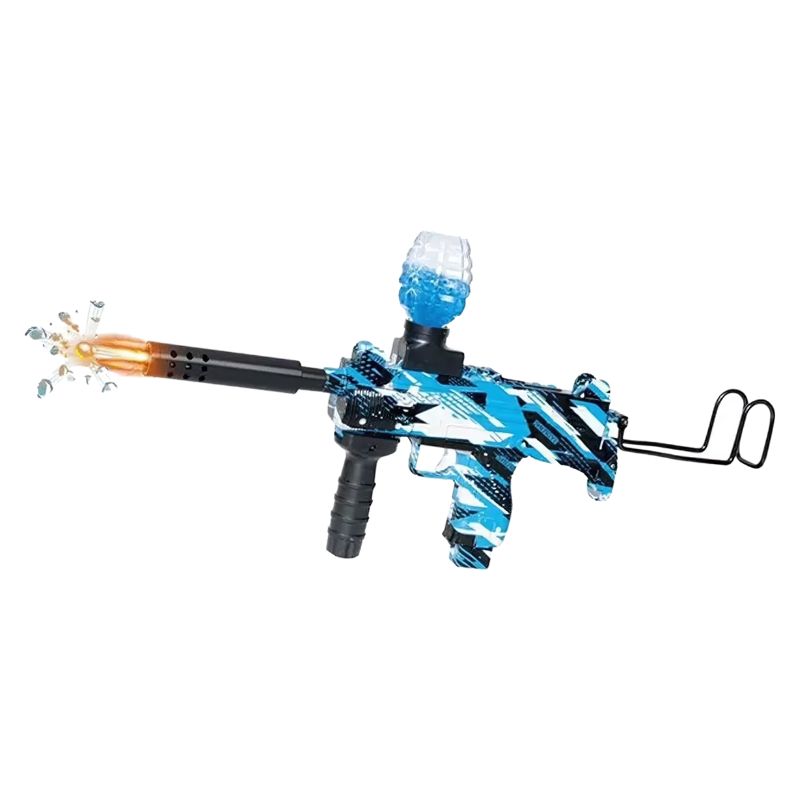 Compact blue camo Gel Blaster with front grip and compact ammo hopper.