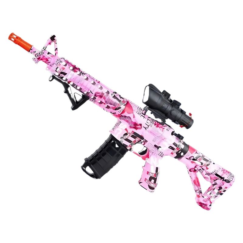 A vibrant pink AK 47 gel blaster with a scope and magazine for stylish, precise gameplay.