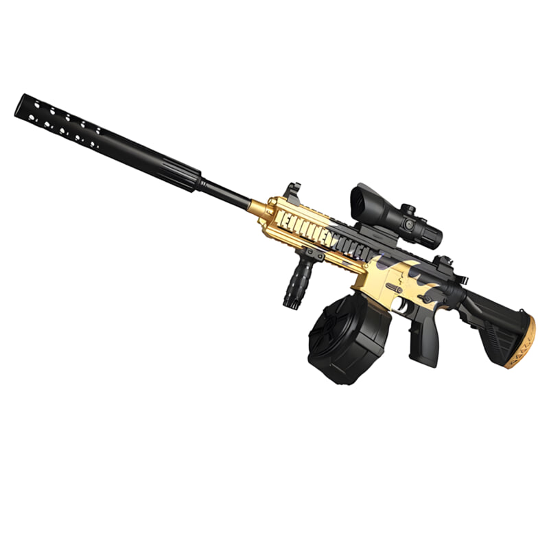 A gold-accented AK 47 gel blaster with a suppressor and drum magazine for powerful play.