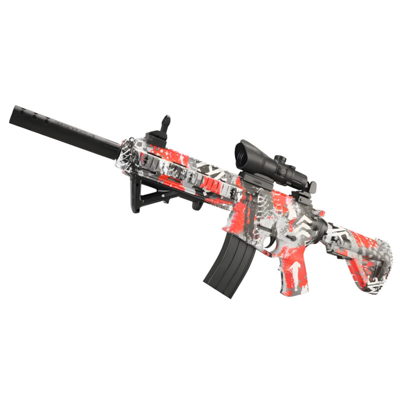 A red and grey AK 47 gel blaster with a suppressor and magazine for tactical gameplay.