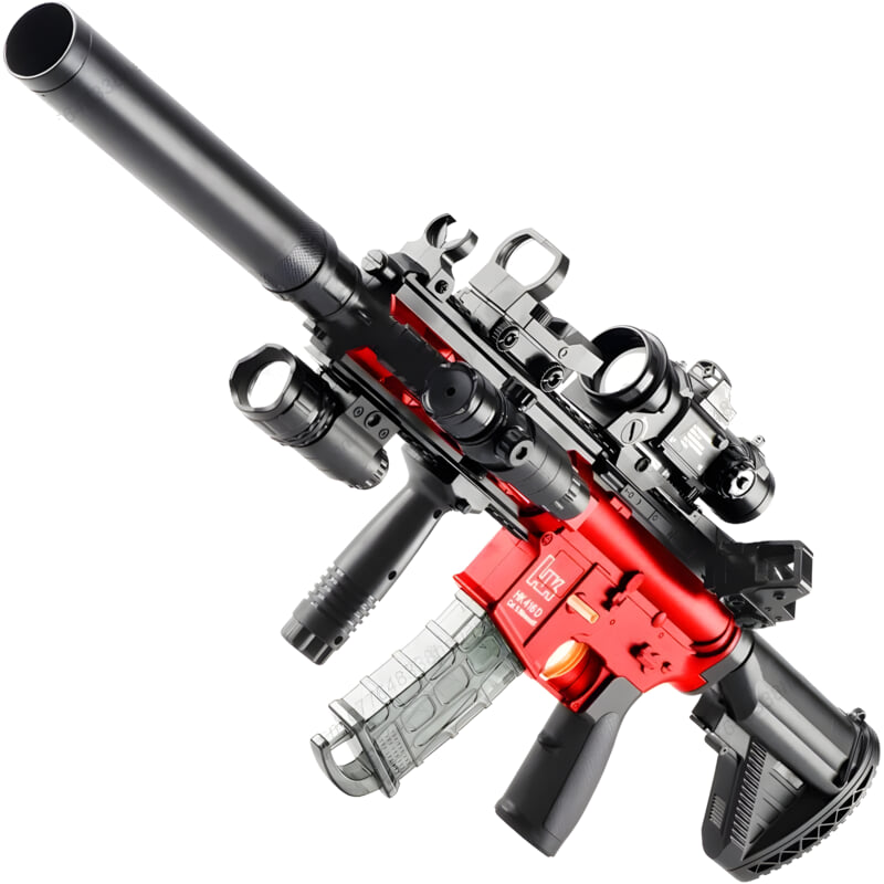 and black tactical dart guns with scope and flashlight attachments.