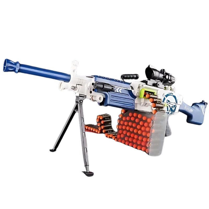 Blue and orange dart guns with mounted ammunition belt for action-packed fun.