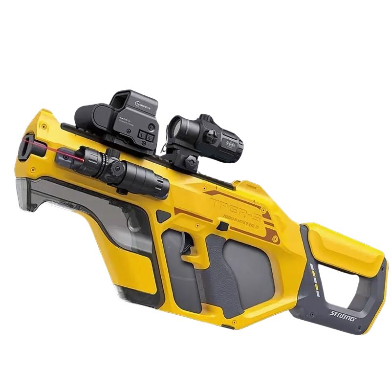 Graphic-wrapped P90 gel blaster with hopper and bipod for stability in gameplay.