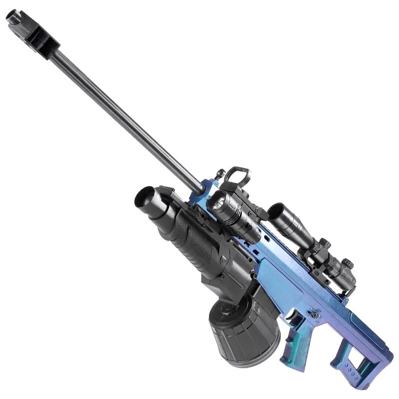 Metallic blue P90 gel blaster with scope and large drum magazine for extended play.