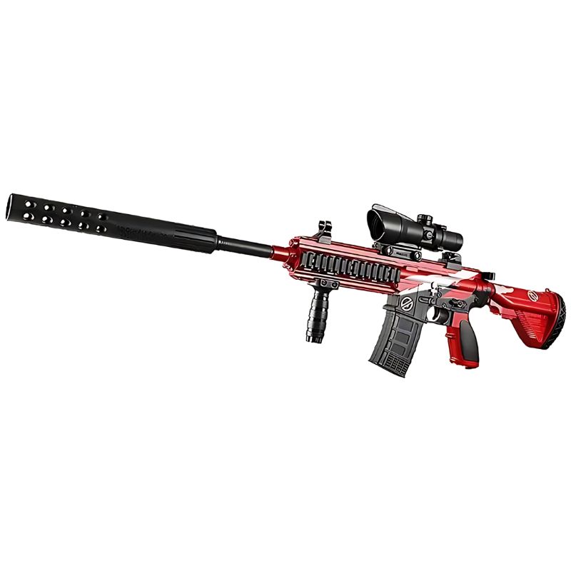 Red P90 gel blaster with extended silencer, mounted scope, and front grip handle.