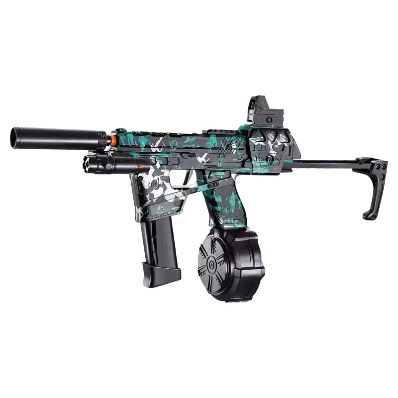 Compact green camo real toy gun with a folding stock and realistic attachments.