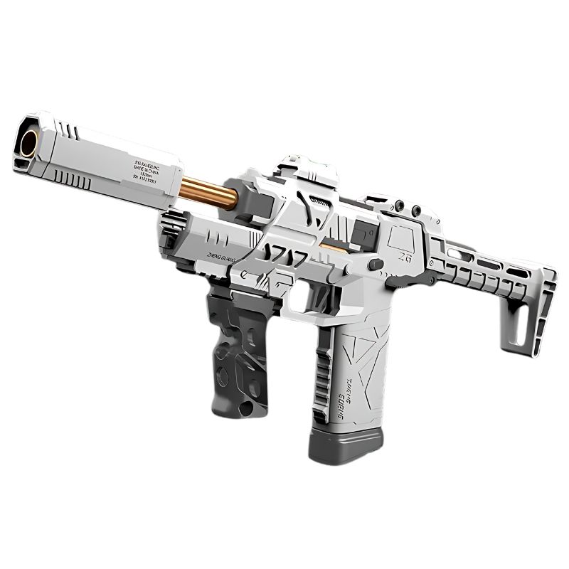 Futuristic white and gold real toy gun with a sleek barrel and intricate details.