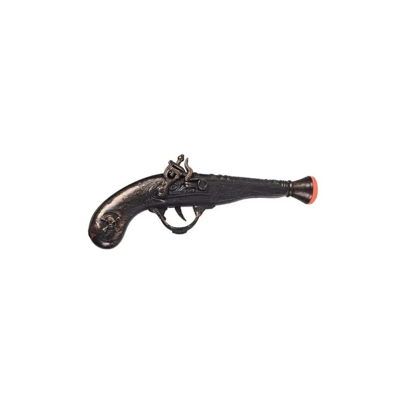 A vintage-style pirate-themed toy gun with intricate engravings and orange tip for safety.