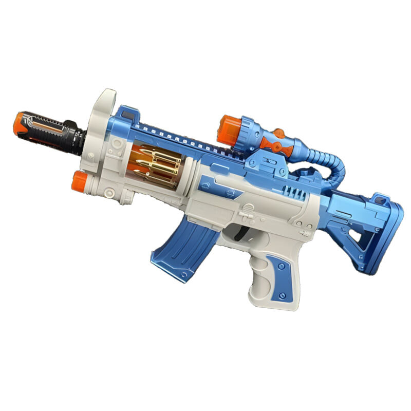 A blue and white electric toy gun with advanced features and detachable parts for added fun.