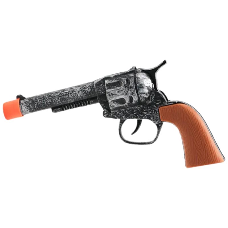 A classic cowboy-style revolver toy gun with a rustic finish and orange safety tip.