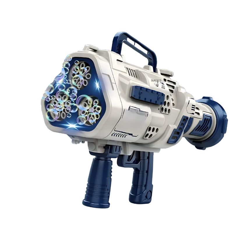 A bubble-blasting toy gun with multiple nozzles and LED lights for party fun and creativity.