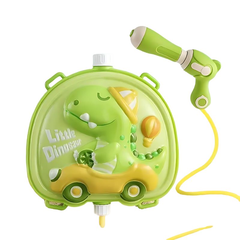 A bright green dinosaur-themed water toy gun with backpack tank for continuous fun.