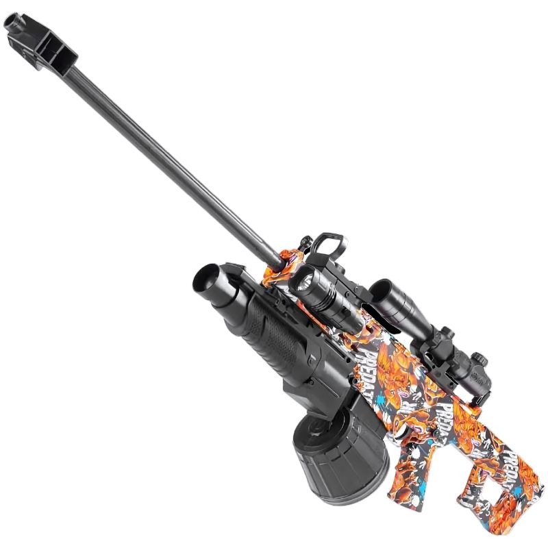 Camouflage Glock Gun Lighter with orange graphics, long barrel, and scope.