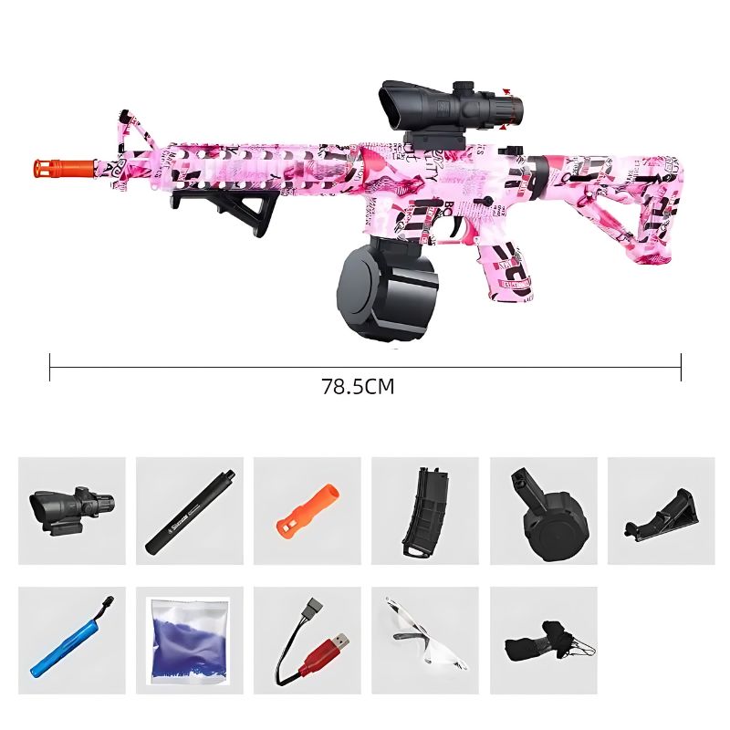 Pink Honey Badger Gel Blaster with drum magazine and included accessories for customization.