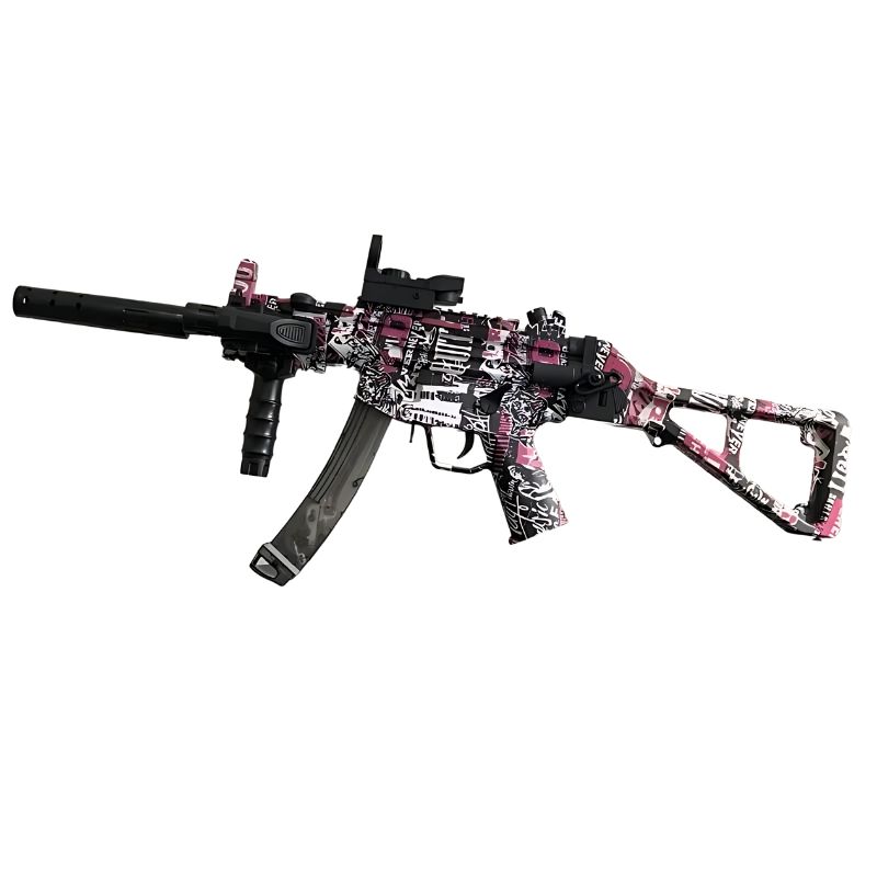 Black and pink Honey Badger Gel Blaster with silencer and adjustable stock for versatility.